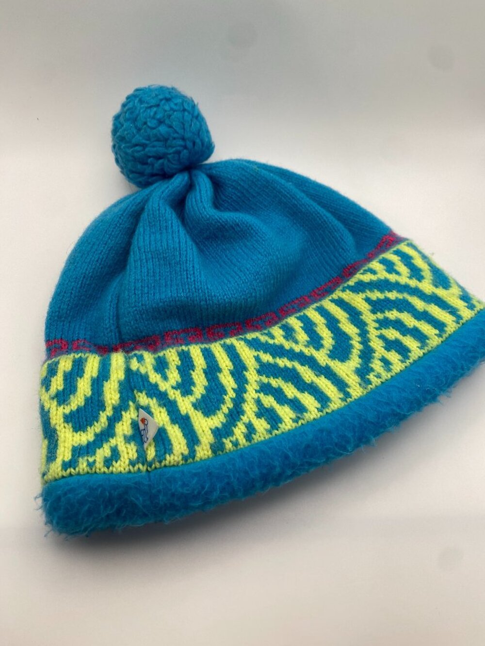 Vintage 80s Brystie Neon Blue Wool Ski Hat Pom Vermont Geometric Beanie